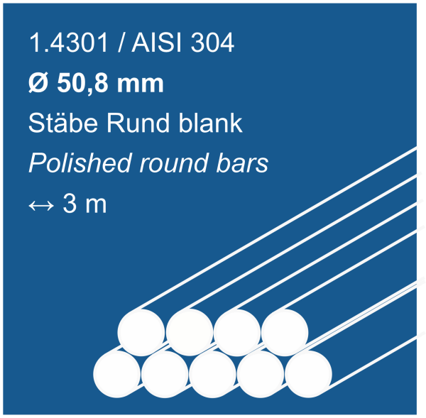 Edelstahlstäbe aus 1.4301 (304), 50,8 mm Durchmesser, 3000 mm lang, auf blauem Hintergrund abgebildet